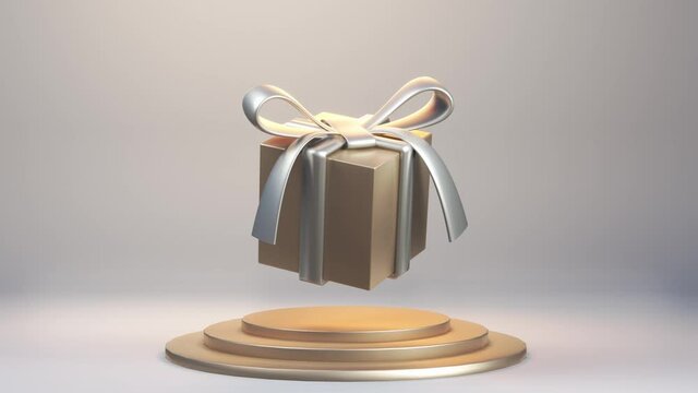 3d render of golden gift box flying and rotating in studio with stage. Christmas, birthday present.