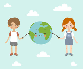 Cute children hold planet earth by hand and smile. Ecology poster about peace, friendship, love and care.