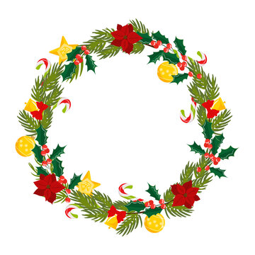Christmas wreath of mistletoe, Christmas star flower, fir tree with bell and Christmas decorations, lollipops. Suitable for posters, banners, cards, invitations, etc.