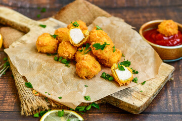 
 Crispy  deep fried home made    chicken  nuggets .Breaded  with  almond flour chicken  breast fillets  with chilly peppers and fresh   basil on wooden rustic background. Ketogenic diet food