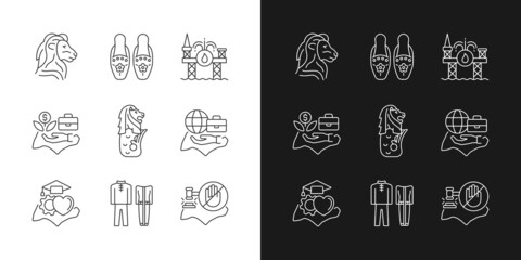 Singapore national values linear icons set for dark and light mode. Quality of living. Traditional costumes. Customizable thin line symbols. Isolated vector outline illustrations. Editable stroke - obrazy, fototapety, plakaty