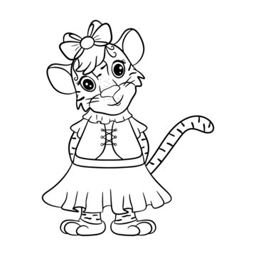 Cute tigress in dress is symbol of the new year according to the Chinese or Eastern calendar. Outline for coloring. Vector editable illustration, cartoon style