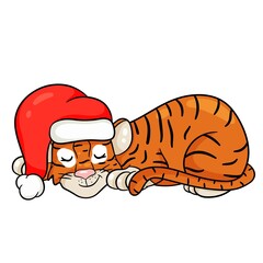 Tiger in Santa hat is sleeping in anticipation of Christmas.  The symbol of the new year according to the Chinese or Eastern calendar. Vector editable illustration, cartoon style