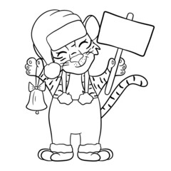 Tiger in Santa hat with bell and template for text. Symbol of the new year according to the Chinese or Eastern calendar. Outline for coloring. Vector editable illustration, cartoon style