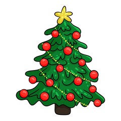 Hand-drawn Christmas tree decorated with glass balls and a garland. Isolated on white background. Vector illustration, cartoon style