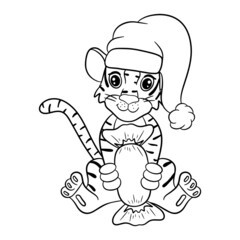 Tiger in Santa hat with chocolate candy . Symbol of the new year according to the Chinese or Eastern calendar. Outline for coloring. Vector editable illustration, cartoon style