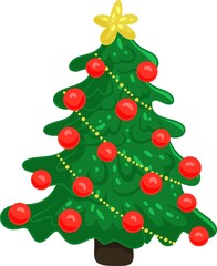 Hand-drawn Christmas tree decorated with glass balls and a garland. Isolated on white background. Vector illustration, cartoon style