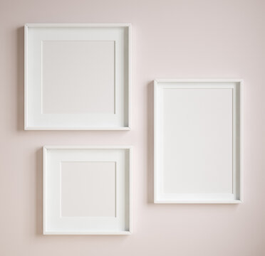 Mockup poster frame close up on wall painted pastel pink color, 3d render