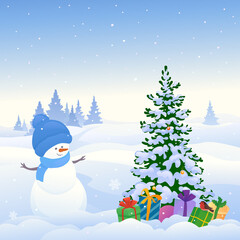 Cute snowman and snowy landscape with Christmas tree