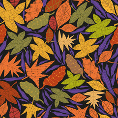 Autumn pattern of abstract multicolored leaves on a dark background.For fabrics, for printing brochures, posters, parties, vintage textile design, postcards, packaging.