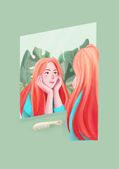Girl admires herself in the mirror 