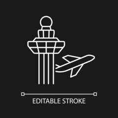 Changi airport control tower white linear icon for dark theme. Visual observation from tower. Thin line customizable illustration. Isolated vector contour symbol for night mode. Editable stroke - obrazy, fototapety, plakaty