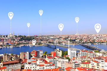 Network connection concept. Aerial view on  Istanbul with location pin