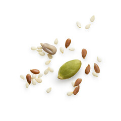 Isolated sesame, sunflower and pumpkin seeds on white background 