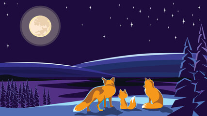 Naklejka premium Winter night landscape, a family of foxes look at the moon, Christmas greeting card, space for text, flat vector illustration.
