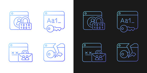 Password encryption gradient icons set for dark and light mode. Internet safety. System security. Thin line contour symbols bundle. Isolated vector outline illustrations collection on black and white