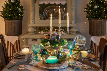 Christmas or New Year festive  table setting with vintage decoration