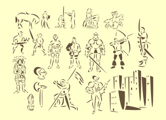 Line-art vector illustrations of medieval knights