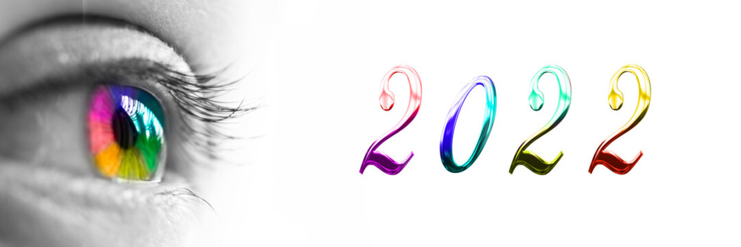 2022 and colorful rainbow eye header, new year greeting card web banner