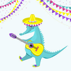 Сute crocodile playing guitar. flat vector illustration.