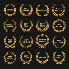 Golden winner wreaths. Gold award logo, sport cinema or competition win symbols. Ceremony laurel with leaves, festival tidy vector emblems