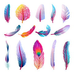 Isolated feather collection. Colorful fantasy feathers, peacock bird tail element. Isolated festive decorative plumage swanky vector collection © LadadikArt
