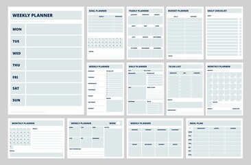 Blank planner templates. Business planners, weekly, daily or meal plan pages. Notebook papers, strategy and year goals. To do list, diary recent vector set
