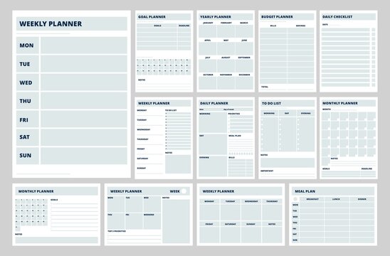 Blank planner templates. Business planners, weekly, daily or meal plan pages. Notebook papers, strategy and year goals. To do list, diary recent vector set