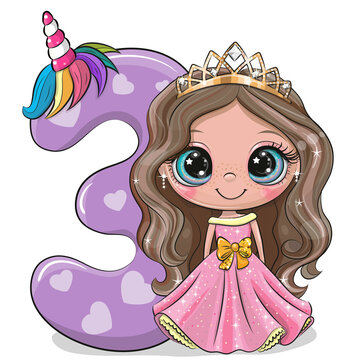 Cartoon Princess and number three isolated on a white background