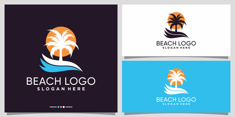 Fototapeta na wymiar Beach logo design with palm tree and sun logo Premium Vector