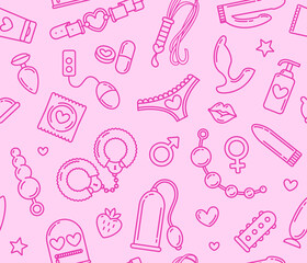 Adult shop and sex toys icons seamless pattern on pink background. Linear style BDSM roleplay items icon collection. Fashion printable background - obrazy, fototapety, plakaty