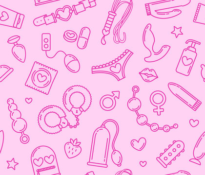 Adult Shop And Sex Toys Icons Seamless Pattern On Pink Background. Linear Style BDSM Roleplay Items Icon Collection. Fashion Printable Background