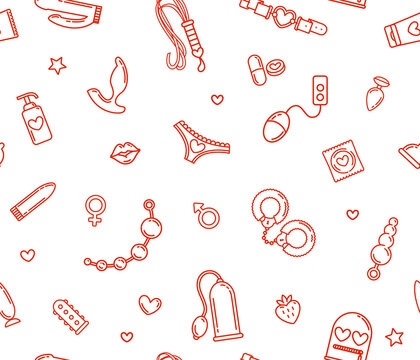 Adult Sex Toys Icons Printable Seamless Pattern On White Background. Linear Style BDSM Roleplay Items Icon Collection