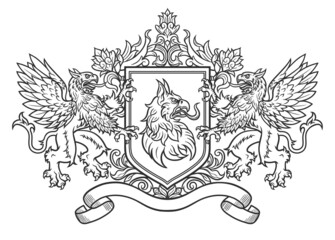 Coat of arms with griffins, shield and ribbon for lettering. Line digital vector ink art.