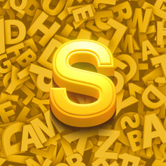 golden 3d alphabet, letter S, 3d illustration, uppercase font