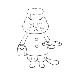 The chef cat. Illustration of a cartoon cat cook in doodle style. An isolated element. Contour.