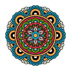 Vector mandala isolated on white background. Card with ornament in blue, green and yellow colors. Oriental pattern, vintage decorative element for design