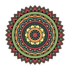 Vector mandala isolated on white background. Card with ornament in green, red and yellow colors. Oriental pattern, vintage decorative element for design