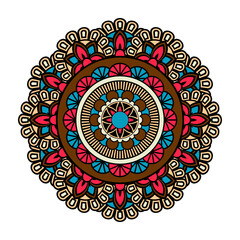 Vector mandala isolated on white background. Card with ornament in blue and red colors. Oriental pattern, vintage decorative element for design