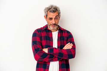 Middle age caucasian man isolated on white background  who is bored, fatigued and need a relax day.