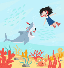 Cute flat Shark open mouth with girl diving equipment background