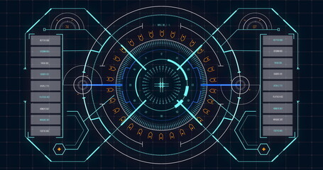 Image of macro coronavirus Covid-19 cell analyzed on a screen with medical information