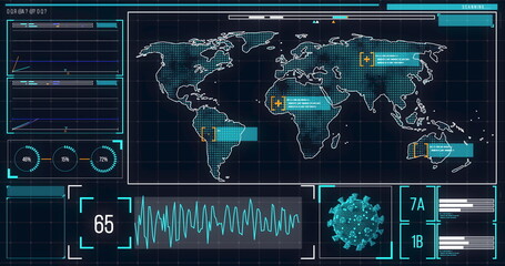 Image of the world map on a screen with icons popping, macro coronavirus Covid-19 cell analyzed