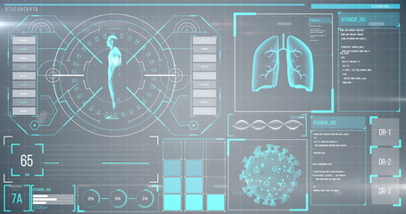 Image of the human body analyzed on a screen, lungs and heart beat analyzed, medical information