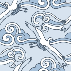 Vector seamless pattern with abstract waves of clouds and flying cranes Cloudy sky and birds