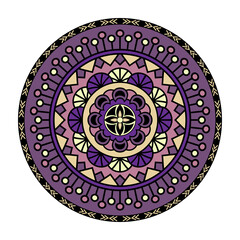 Vector mandala isolated on white background. Ornament card with mandala on yellow and lilac colors. Oriental pattern, vintage decorative element for design
