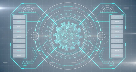 Image of macro coronavirus Covid-19 cell analyzed on a screen with medical information