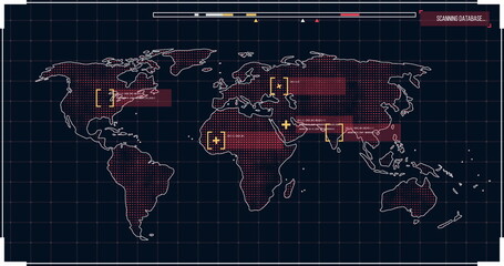 Image of the world map in red on a screen with icons popping