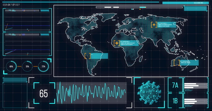 Image of the world map on a screen with icons popping, macro coronavirus Covid-19 cell analyzed