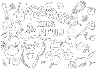 Black and white vector illustration for kids menu with shish kebab in doodle style. Page of a children's coloring book. Blank A3 horizontal format